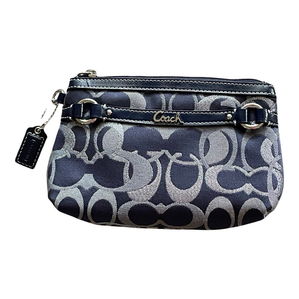 COACH F47837 Navy Blue/Silver Metallic Gallery Optic Signature Clutch Bag FLAW